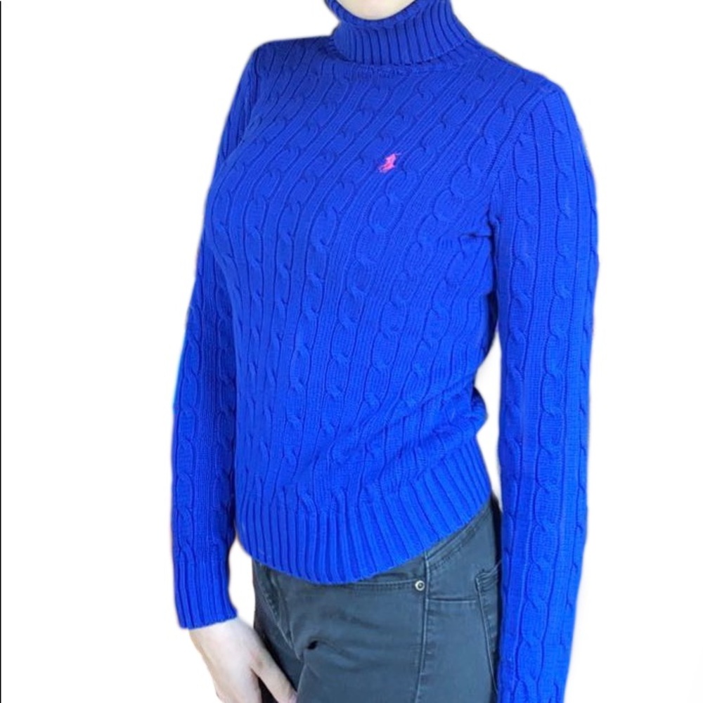 Cable Knit Turtleneck Sweater - Bright Blue